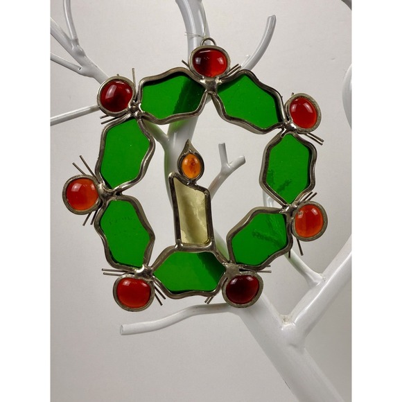 4" Holly Wreath Stained Glass Sun Catcher Christmas Holiday Vintage Hand Made - Picture 2 of 7